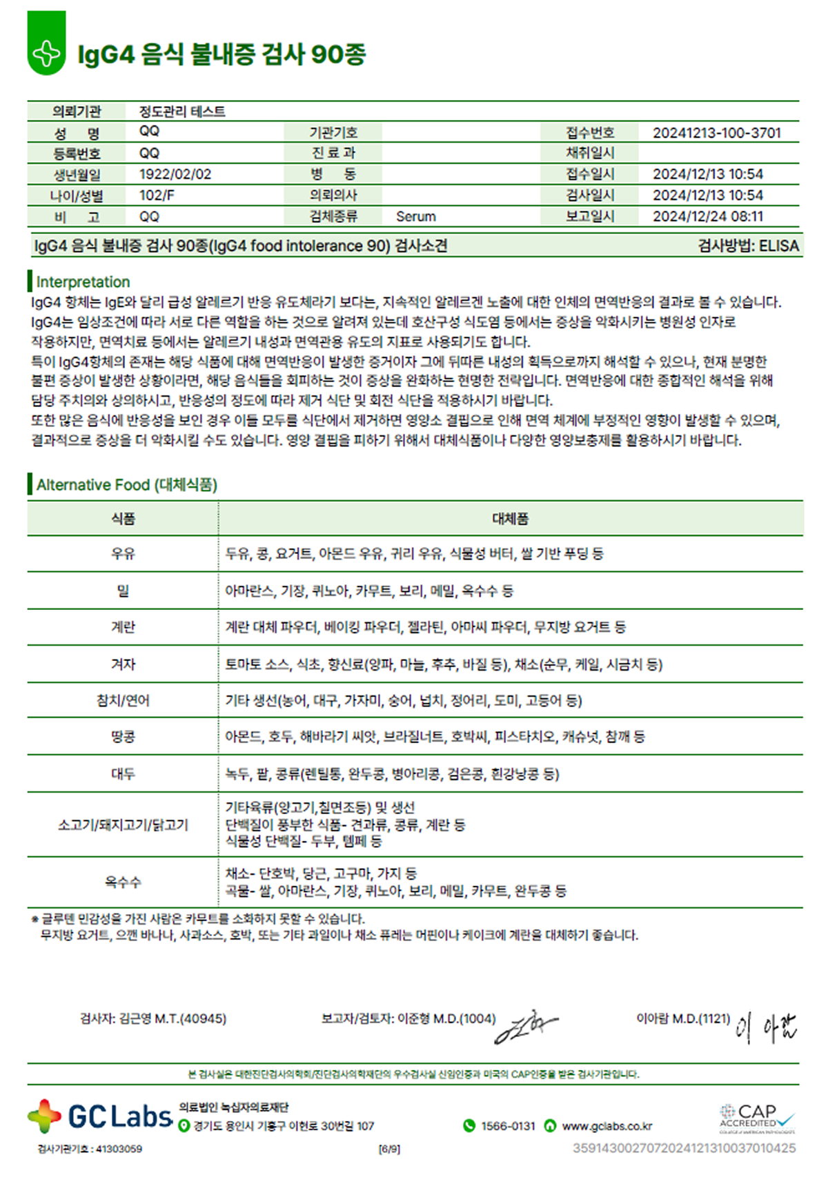 음식불내증 검사 결과지 예시 — 음식별 반응 수치 ①