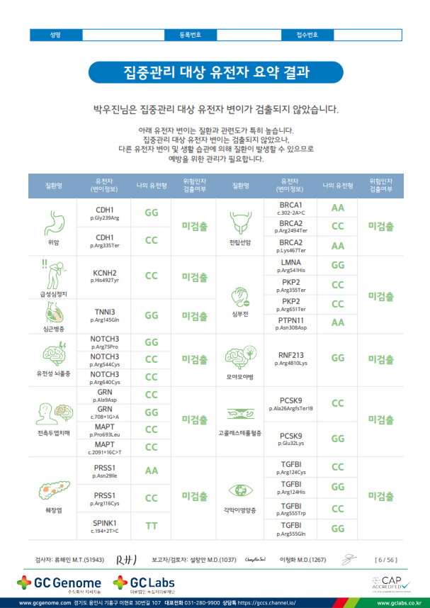 유전자검사 결과지 예시 1